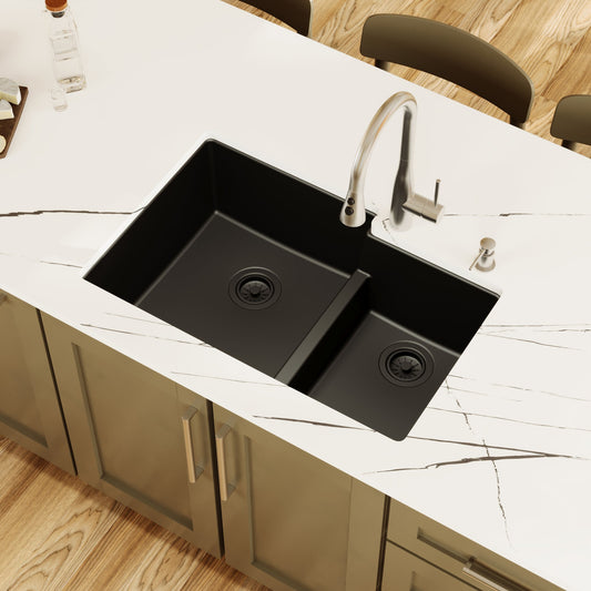 Black Large/Small Bowl Undermount Sink 32-3/8"