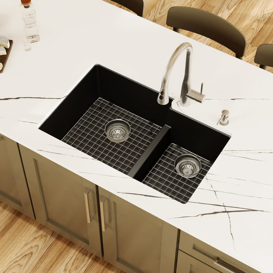 Black Large/Small Bowl Undermount Sink 32-3/8"