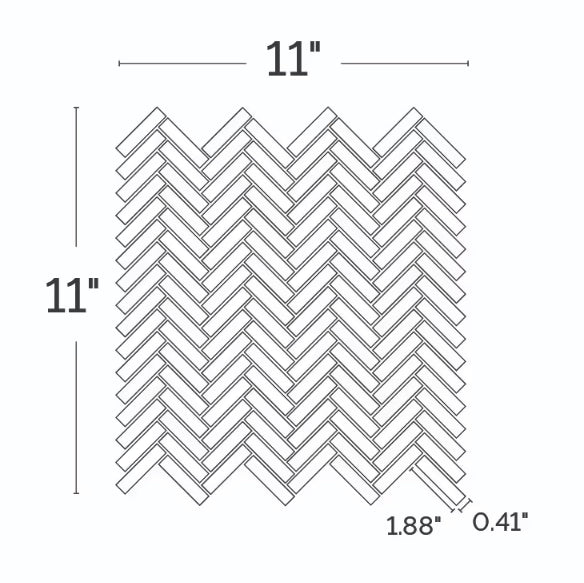 A black and white line drawing showing a repeating chevron tile pattern with dimension labels indicating 11 inches by 11 inches, plus thickness measurements of 1.88 inches and 0.