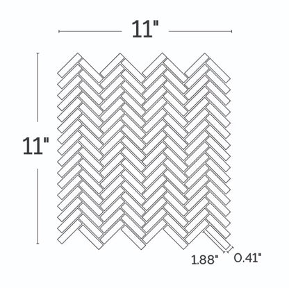 A black and white line drawing showing a repeating chevron tile pattern with dimension labels indicating 11 inches by 11 inches, plus thickness measurements of 1.88 inches and 0.