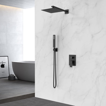 Black shower system mounted on a marble wall with a bathtub in the background.
