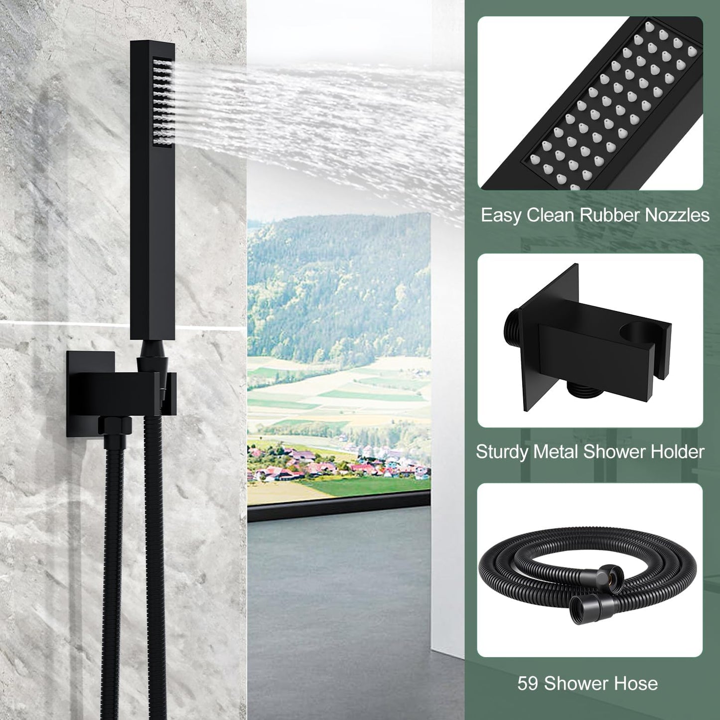 Black shower set with various components on a marble wall background