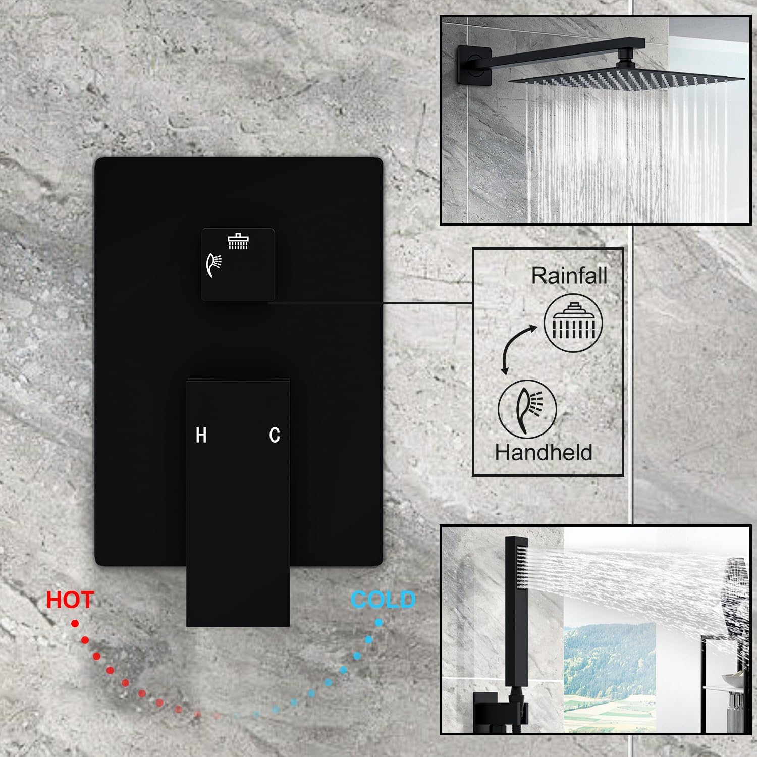 Black shower system with control panel and rain shower head on a gray stone background