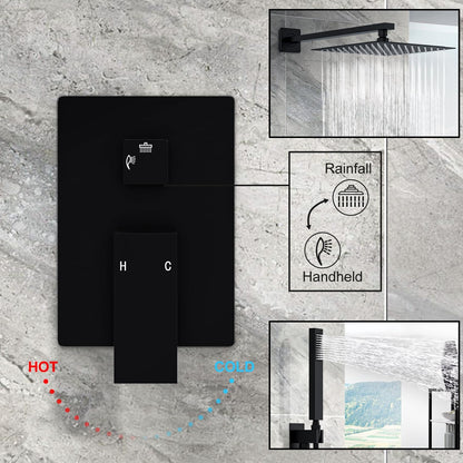 Black shower system with control panel and rain shower head on a gray stone background