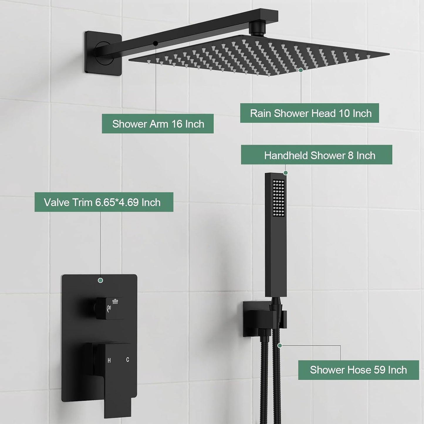 Black shower system with labeled components on a white tiled wall