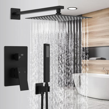 Black rain shower head and control panel in a modern bathroom setting.