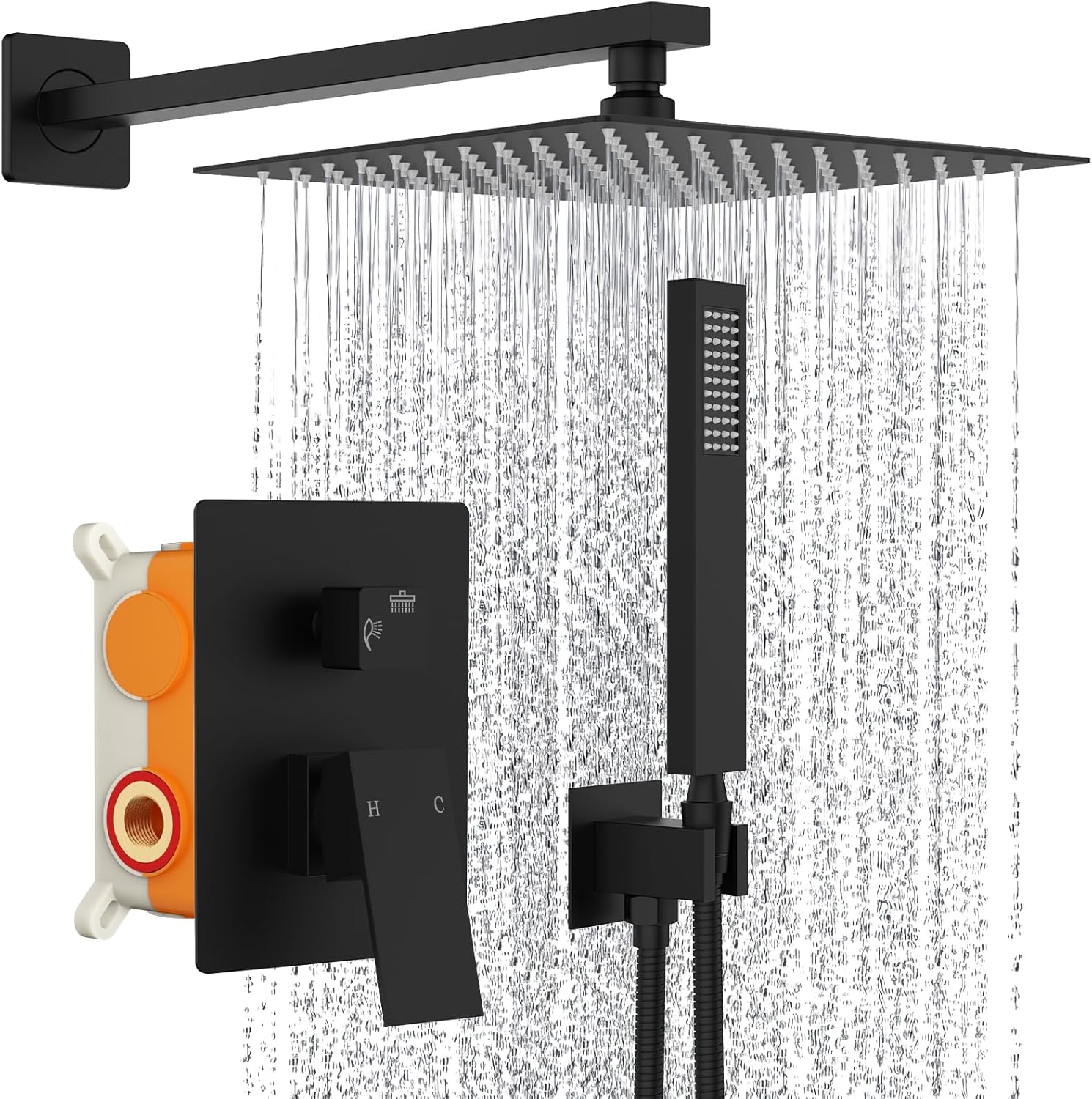 Black shower head with rain shower and handheld shower on a white background