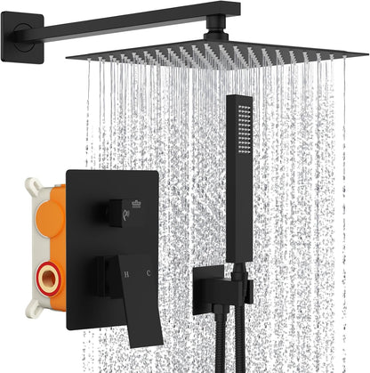 Black shower head with rain shower and handheld shower on a white background