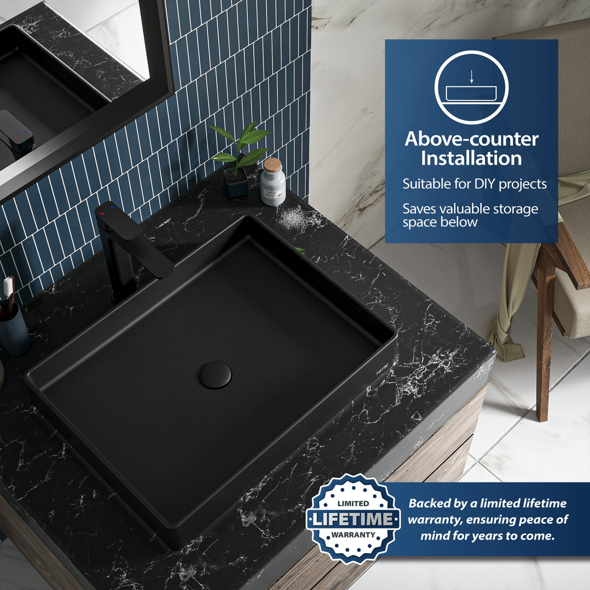 Black Spark Quartz Vessel Vanity Sink 23-5/8"