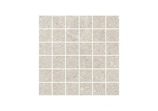 A square mosaic tile sheet featuring light beige and gray stone-look square tiles arranged in a grid with thin white grout lines, shown against a plain white background.