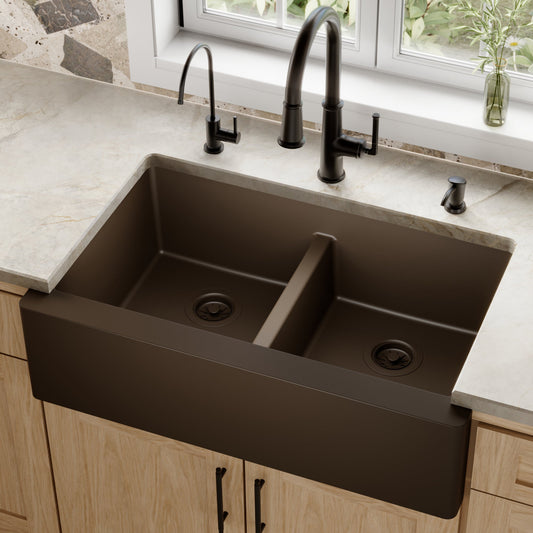 Brown Double Equal Bowl Farmhouse Sink 34"