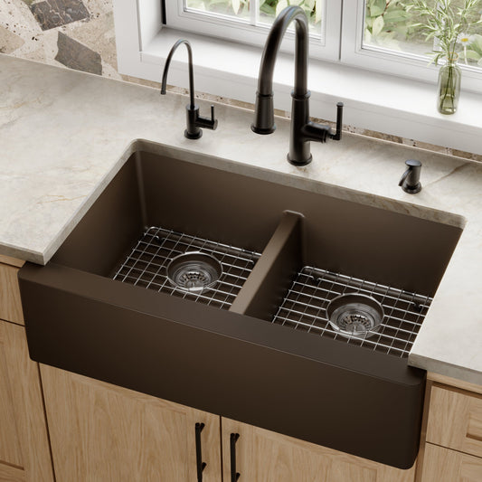 Brown Double Equal Bowl Farmhouse Sink 34"