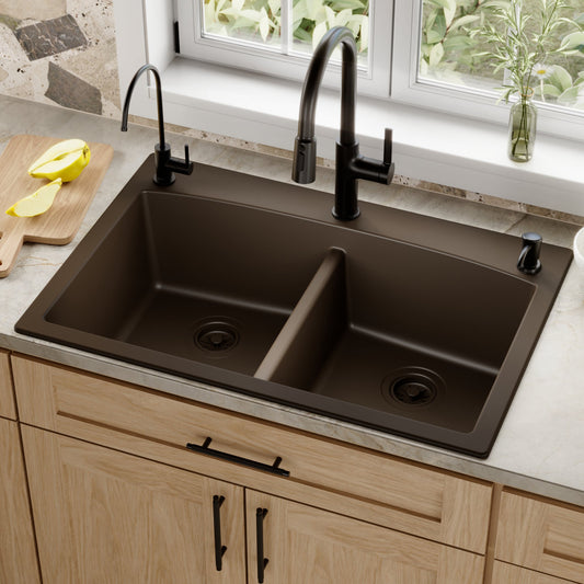 Brown Double Equal Bowl Top Mount Sink 33"