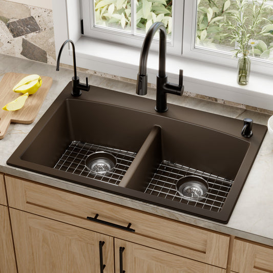 Brown Double Equal Bowl Top Mount Sink 33"