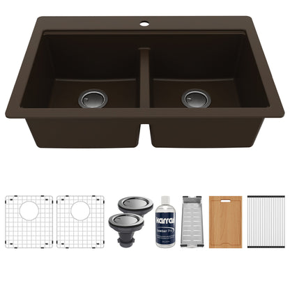Brown Double Equal Bowl Top Mount Workstation Sink 33"