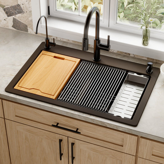 Brown Double Equal Bowl Top Mount Workstation Sink 33"