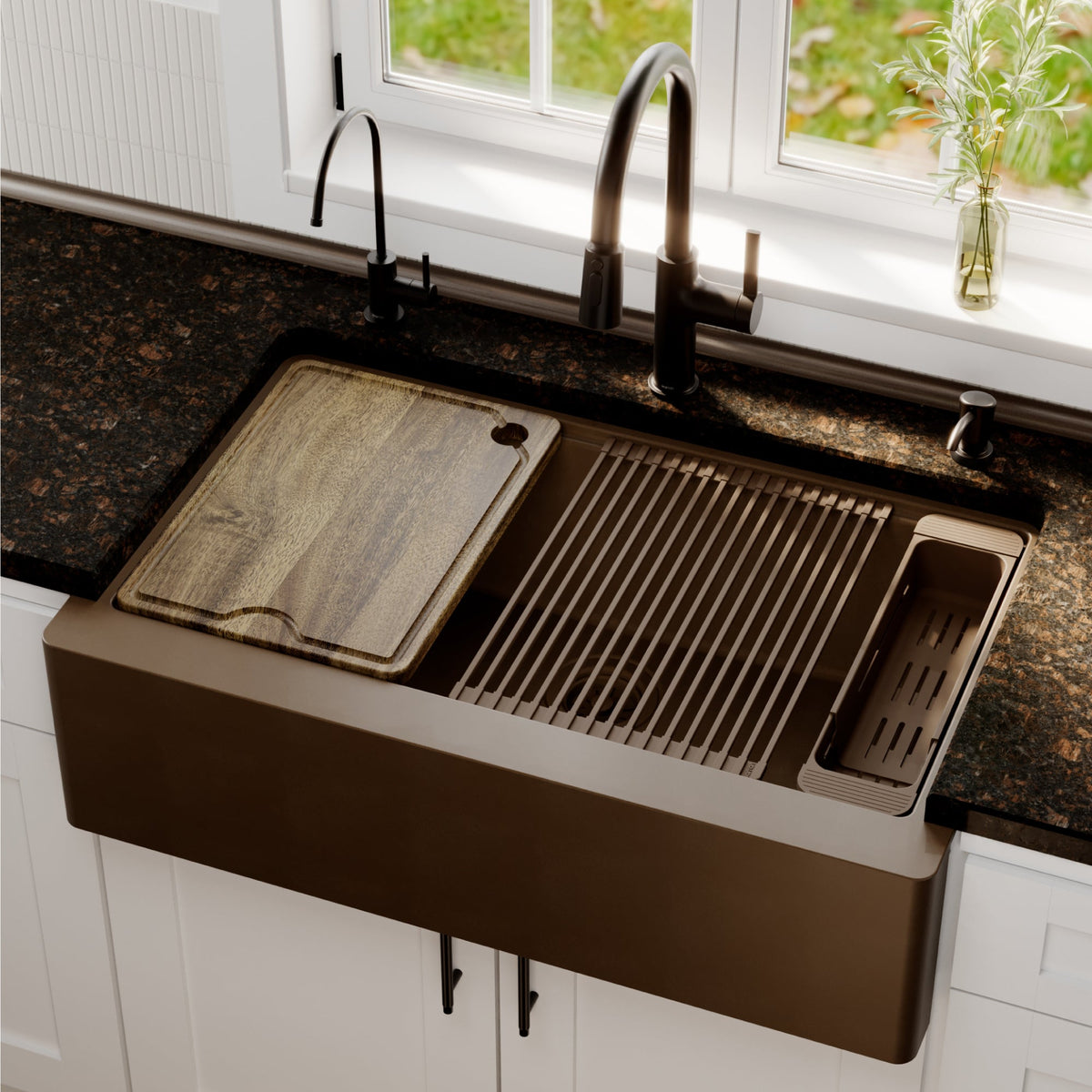 Brown Large Single Bowl Farmhouse Workstation Sink 34"