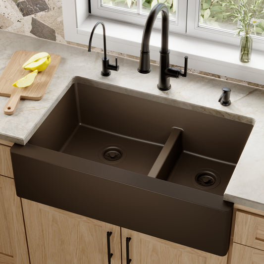 Brown Large/Small Bowl Farmhouse Sink 34"