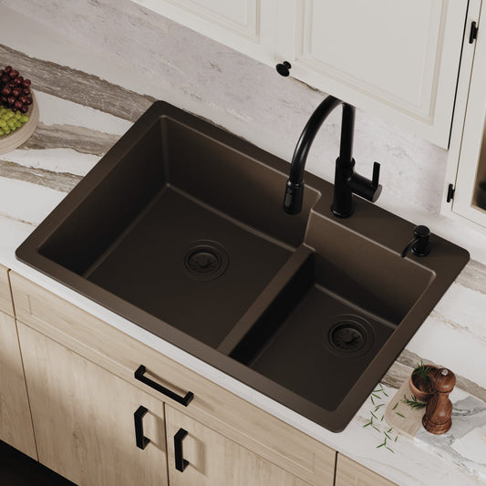 Brown Large/Small Bowl Top Mount Sink 33"