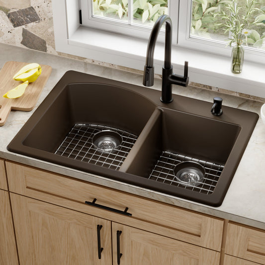 Brown Large/Small Bowl Top Mount Sink 33"