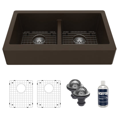 Brown Retrofit Double Equal Bowl Farmhouse Sink 34"