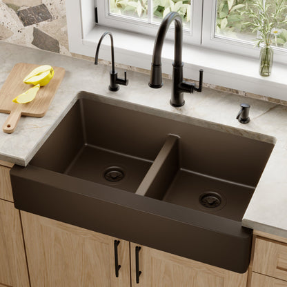 Brown Retrofit Double Equal Bowl Farmhouse Sink 34"