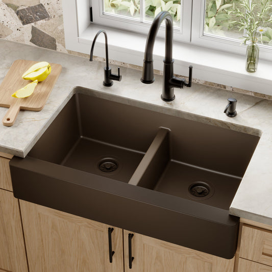 Brown Retrofit Double Equal Bowl Farmhouse Sink 34"