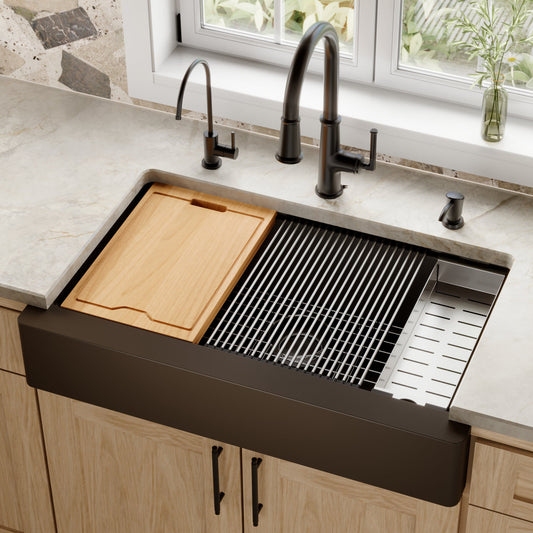 Brown Retrofit Large Single Bowl Farmhouse Workstation Sink 34"