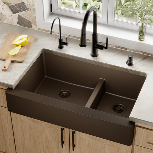 Brown Retrofit Large/Small Bowl Farmhouse Sink 34"