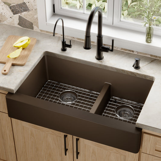 Brown Retrofit Large/Small Bowl Farmhouse Sink 34"