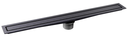 A long, narrow black linear drain with a textured finish and a cylindrical mounting base, shown on a plain white background.