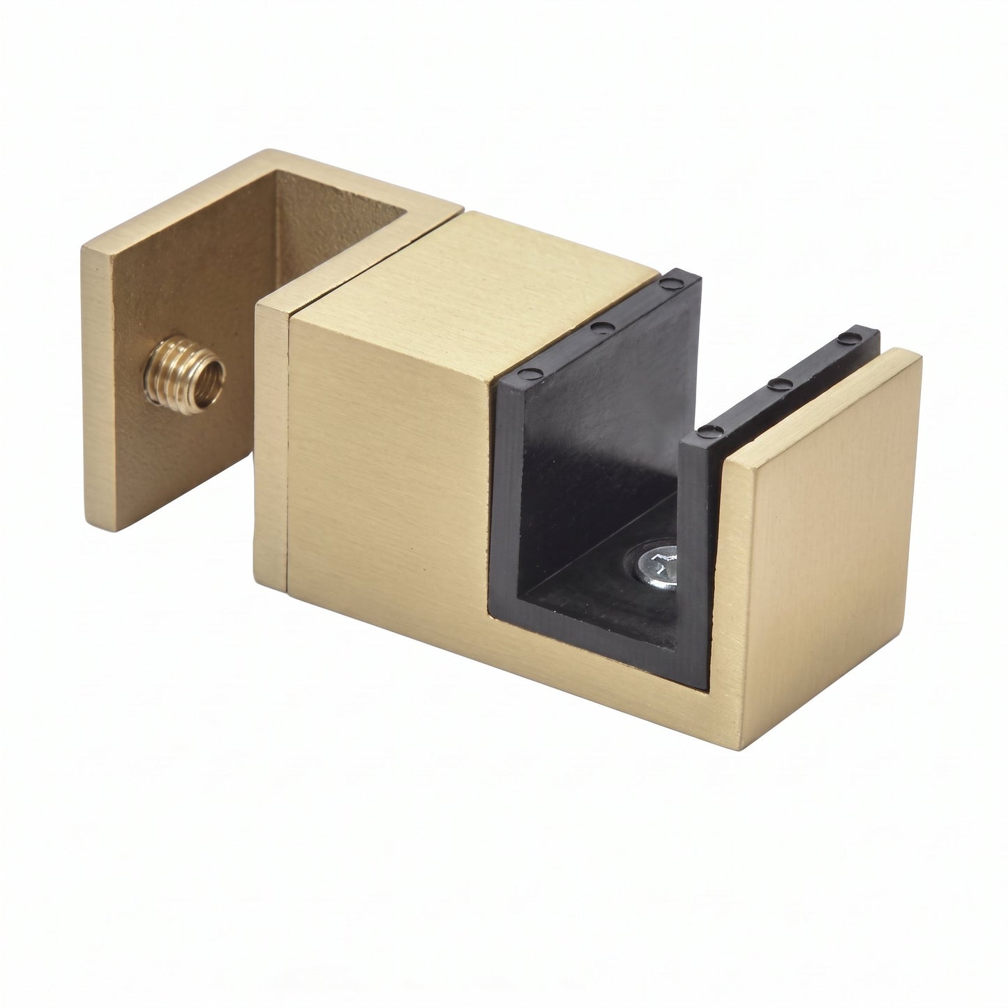 A brushed brass door stopper with a black rubber insert, shown on a solid white background.