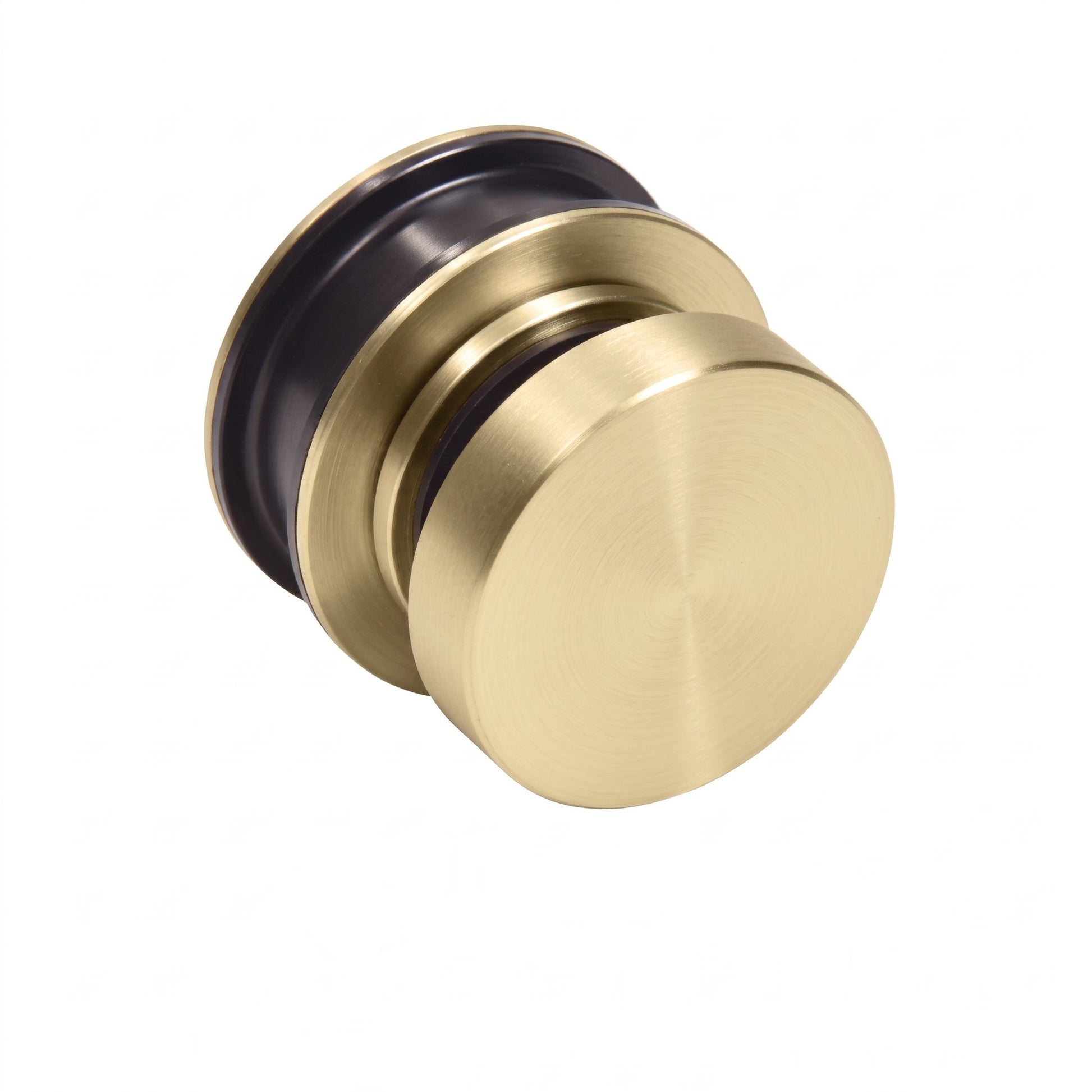 A round brushed brass cabinet knob with a dark gray rubber grommet, shown on a solid white background.