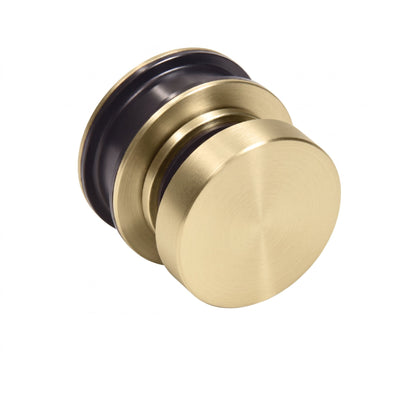A round brushed brass cabinet knob with a dark gray rubber grommet, shown on a solid white background.