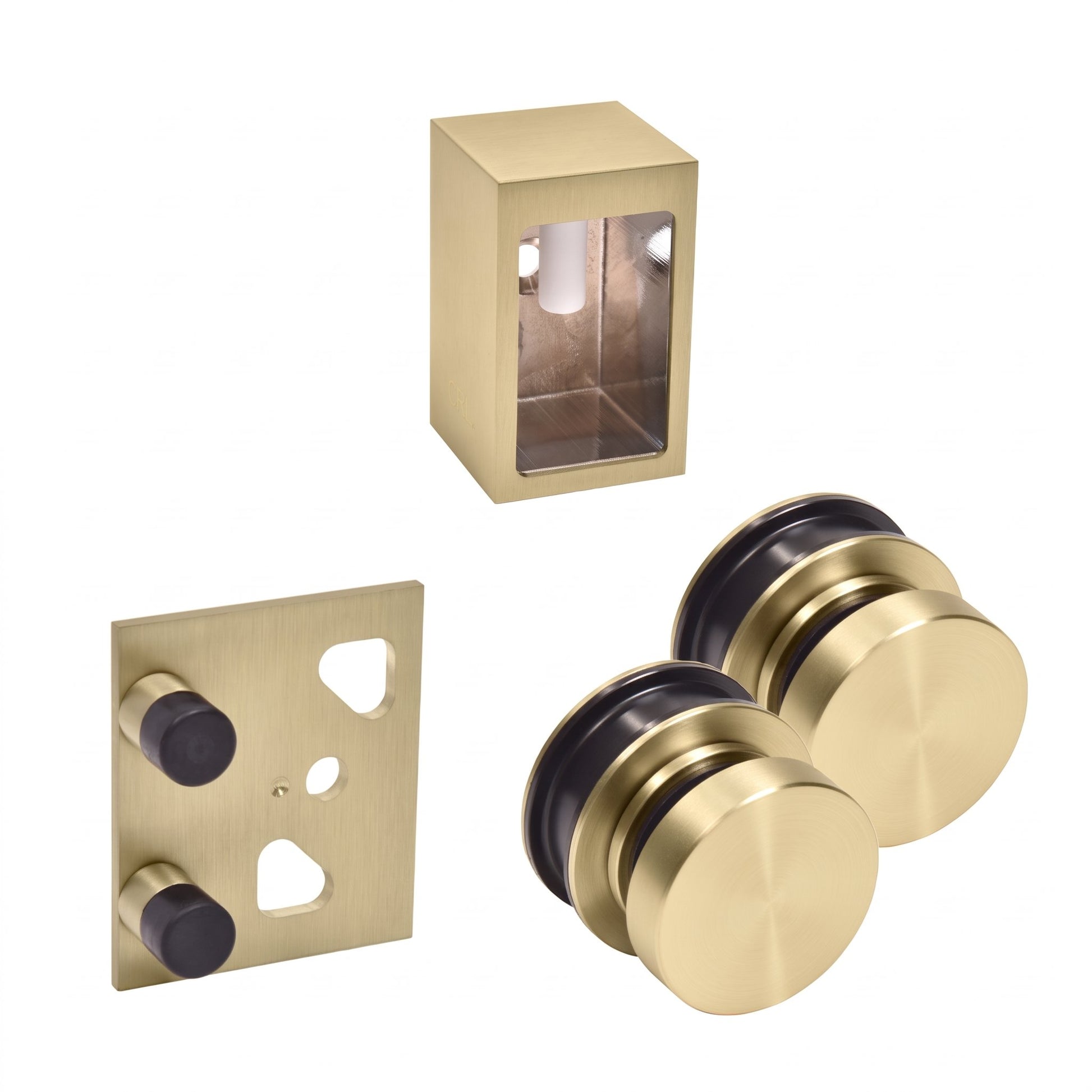 A set of brushed brass door hardware components, including a square wall-mounted frame, a square mounting plate with two black knobs, and two round pull knobs with black rings, shown on a plain white background.