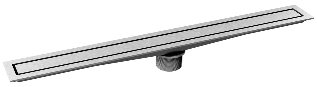 A long, narrow rectangular metal drain or vent component with a brushed silver finish and black recessed lines, shown on a plain white background.