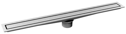 A long, narrow rectangular metal drain or vent component with a brushed silver finish and black recessed lines, shown on a plain white background.