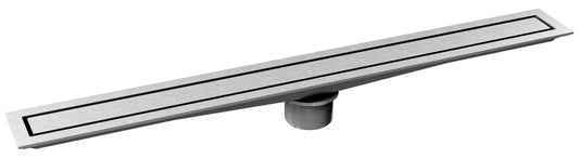 A long, narrow rectangular metal drain or vent component with a brushed silver finish and black recessed lines, shown on a plain white background.