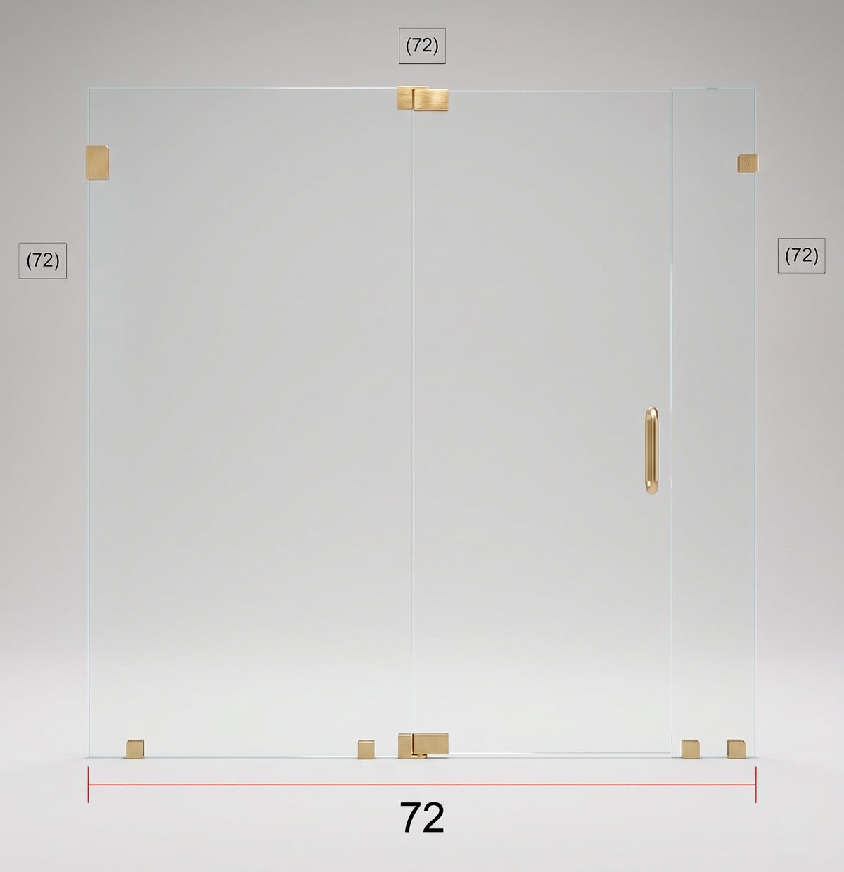 Transparent glass shower door panel with gold-toned hardware and dimension labels showing 72 by 72 measurements on a light gray background.