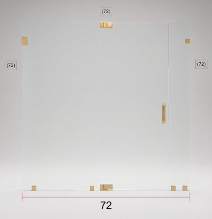 Transparent glass shower door panel with gold-toned hardware and dimension labels showing 72 by 72 measurements on a light gray background.