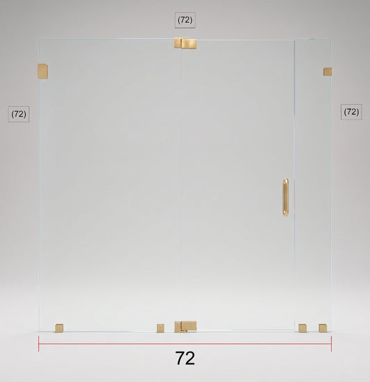 Transparent glass shower door panel with gold-toned hardware and dimension labels showing 72 by 72 measurements on a light gray background.