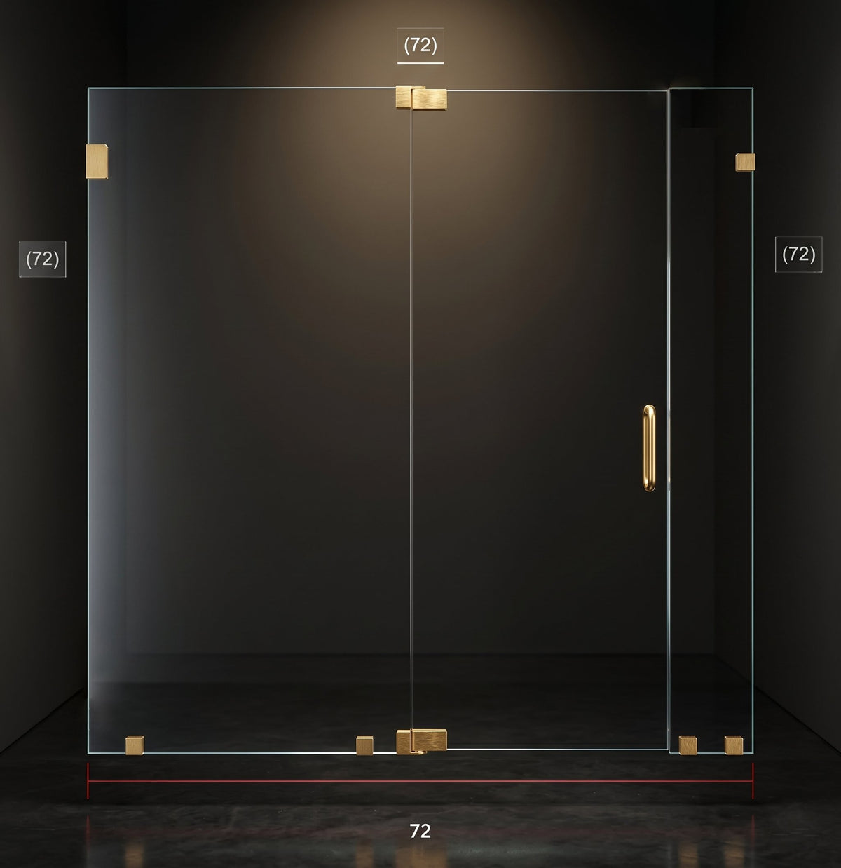 A frameless glass shower door with gold hardware, shown in a dark bathroom setting with dimension labels indicating 72 inches on multiple sides.