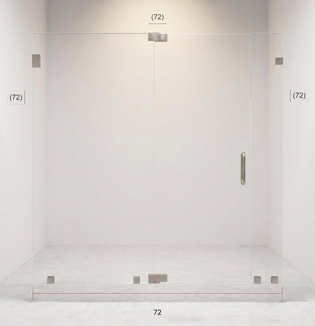 A clear glass shower door with brushed metal hardware shown installed in a minimalist white bathroom setting. Red dimension lines and text labels indicate a width of 72 inches.