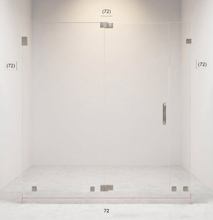 A clear glass shower door with brushed metal hardware shown installed in a minimalist white bathroom setting. Red dimension lines and text labels indicate a width of 72 inches.