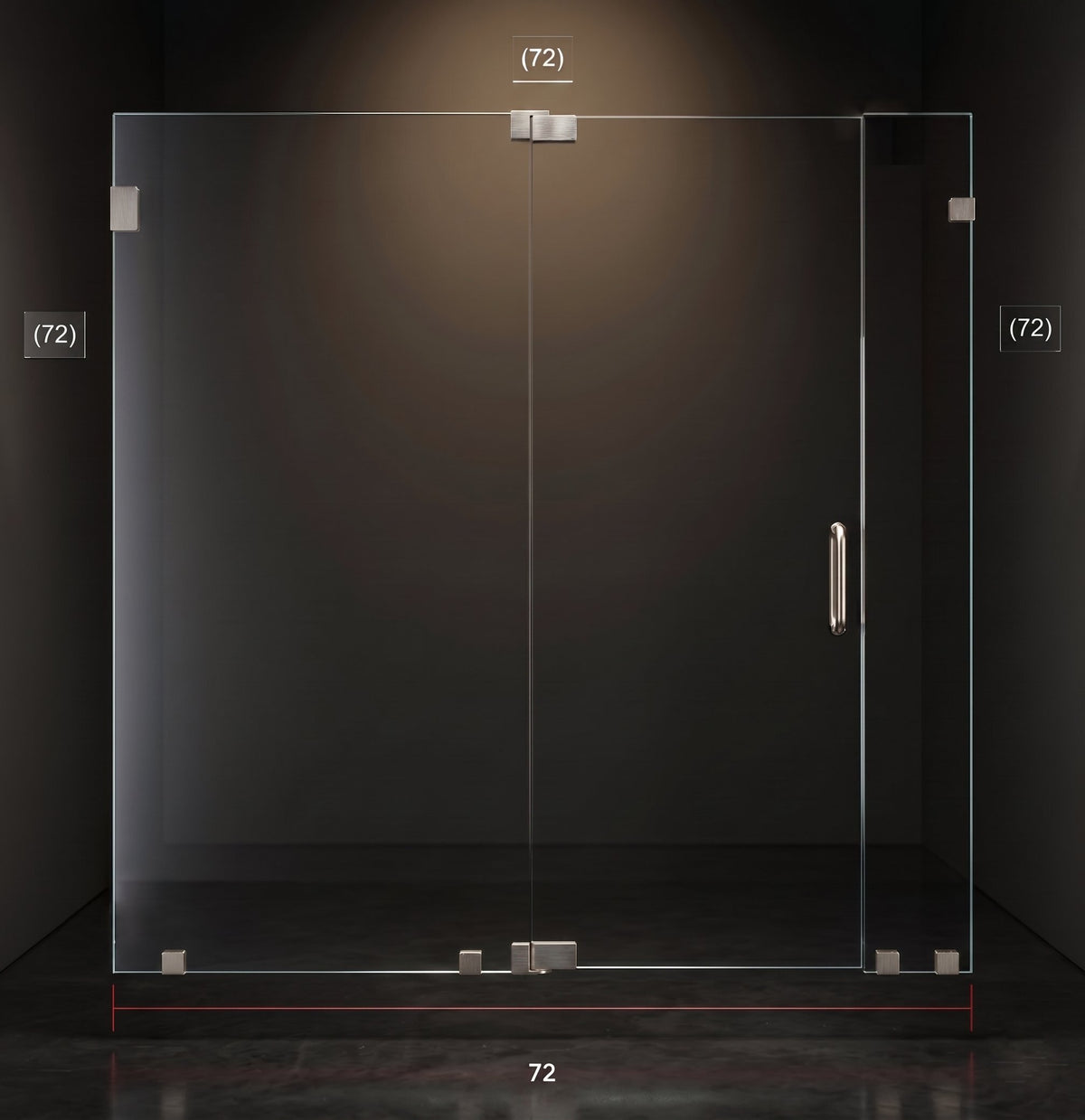 A frameless glass shower door enclosure with a brushed metal handle and hardware, shown in a dark bathroom setting with dimension labels reading 72 on multiple sides.
