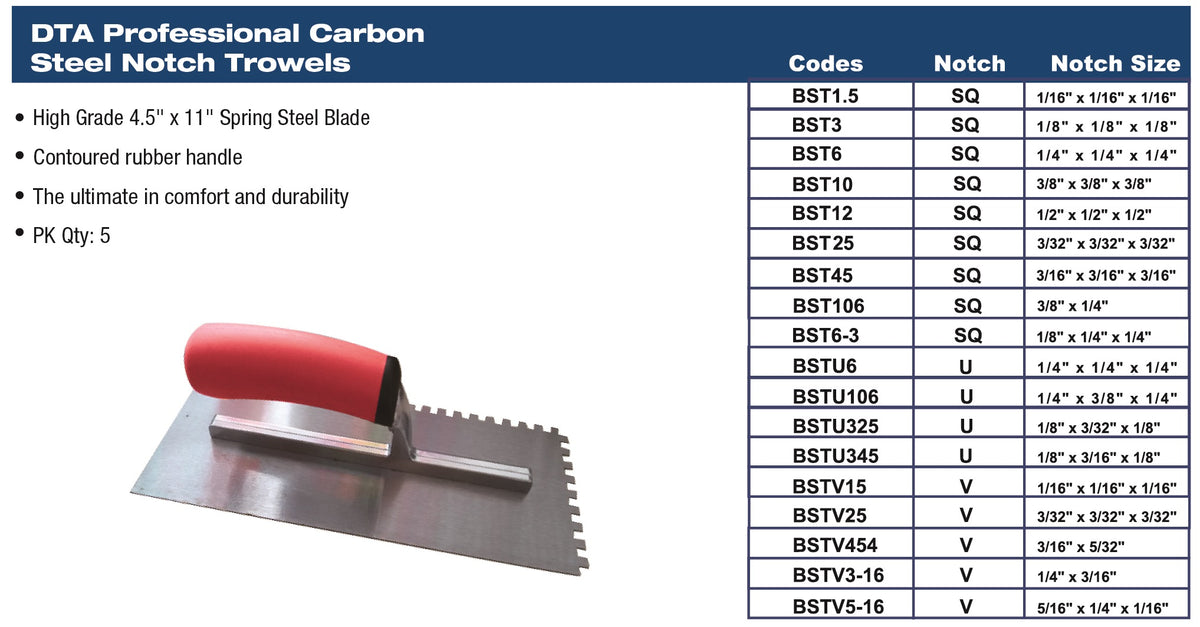 Carbon Steel Square Notch Trowel 1/4"