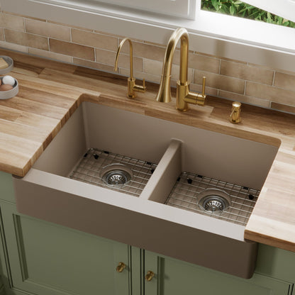 Concrete Retrofit Double Equal Bowl Farmhouse Sink 34"