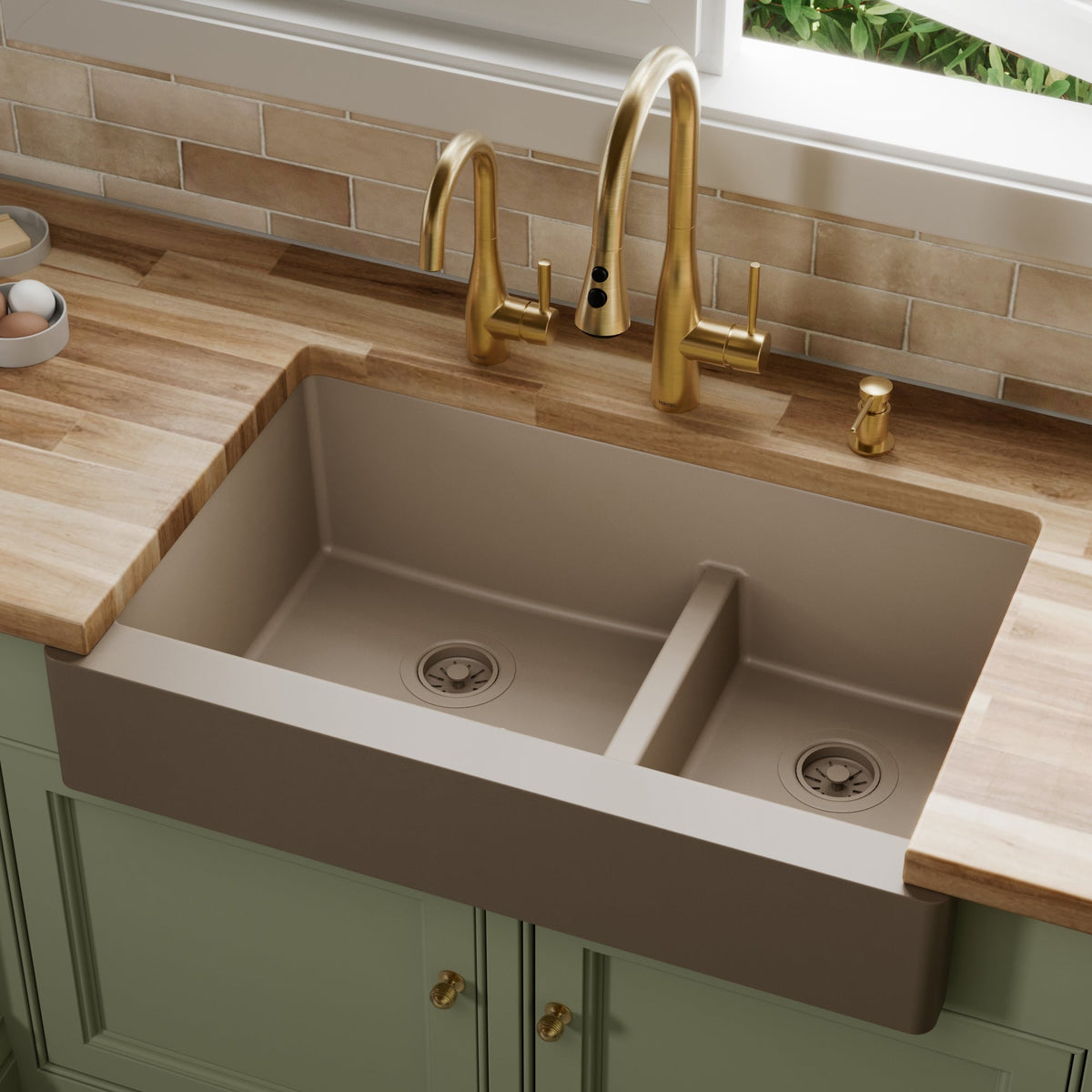 Concrete Retrofit Large/Small Bowl Farmhouse Sink 34"