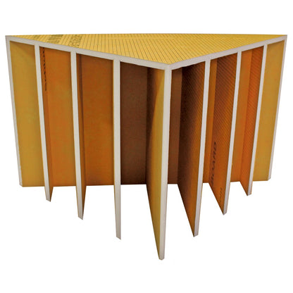 A triangular acoustic foam panel sample with multiple vertical sound-absorbing panels in yellow, orange, and brown tones, framed in white, shown on a plain white background.