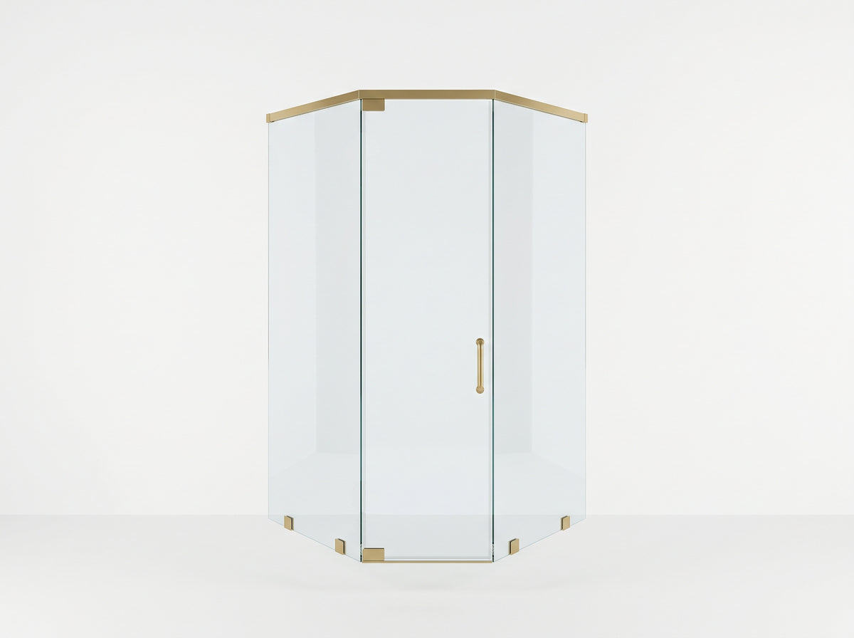 A corner shower enclosure with clear glass panels and brushed brass hardware, shown on a clean white studio background.